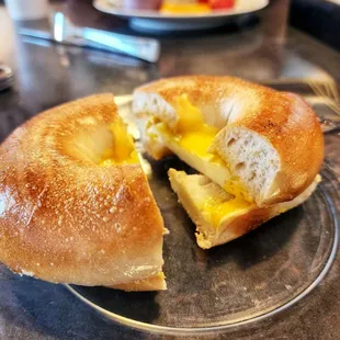 Egg and cheese on a plain bagel
