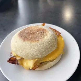 Bacon egg and cheese on English muffin