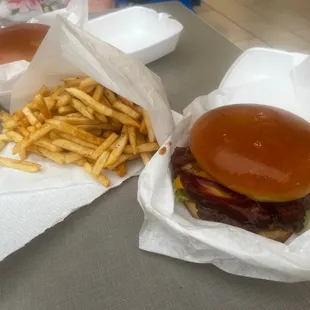 Fries and Barbecue Bacon Burger