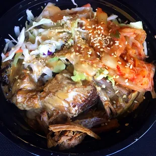 unforgettabowl: slow-braised beef brisket, kimchi, kalbi sesame slaw, beef jus