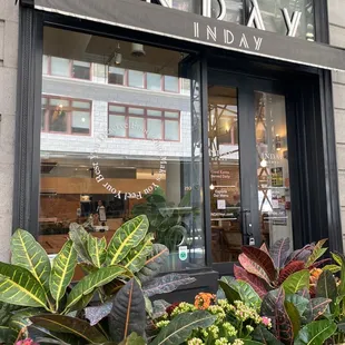 a storefront with plants and flowers
