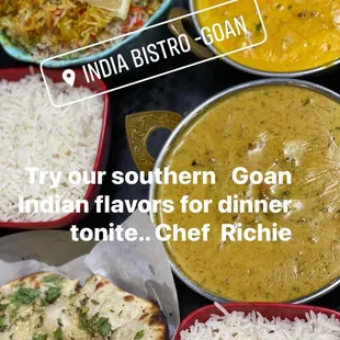 Goan Xacuti, Goan coconut Seafood curry, Goan Cafreal biryani, garlic naan, basmati rice