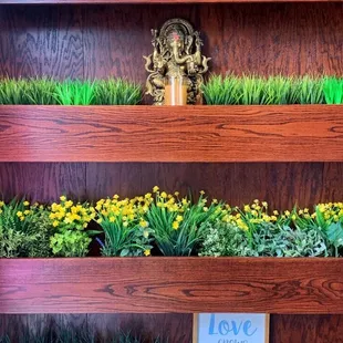 a shelf of plants and a sign
