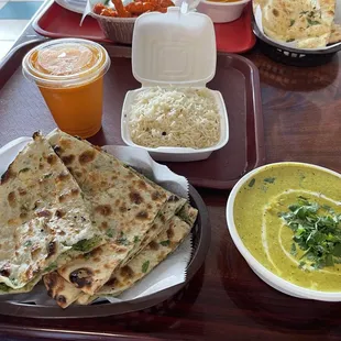 4. Green Coconut Shrimp Curry, 6. Bullet Naan, Mango Lassi