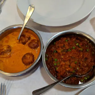 Malai kofta on th left and the possibly the most watery baingan bharata on the right
