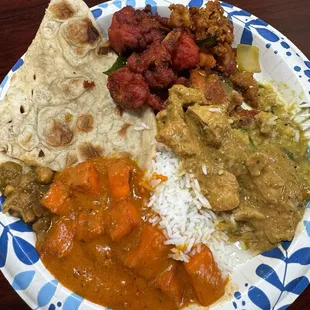 This is part of the buffet! This plate has Butter Chicken, Chicken Tikka, Chicken 65, Chilli Chicken and Plain Naan