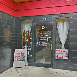 the entrance to a restaurant