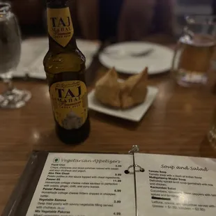 Chicken samosas and Taj Mahal beer