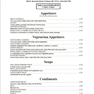 Menu and lunch buffet hours