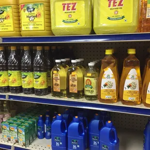 a variety of oils on shelves