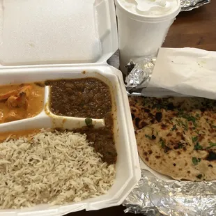 Lunch Special: Chicken Tiki Masala, Chicken Curry, white rice, naan bread and drink