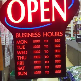 Store Hours, open 7 days