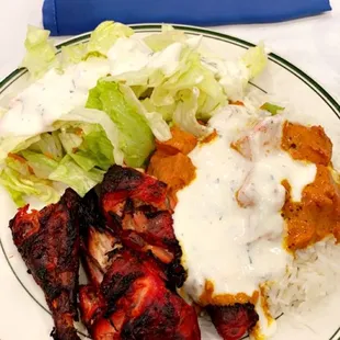 So much goodness on one plate Chicken Tikka Masala, tandoori chicken, Raita
