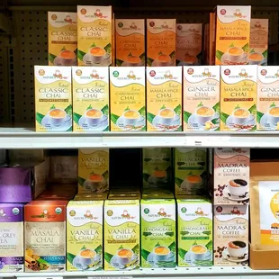 a shelf of teas
