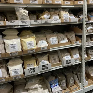 a shelf of food items