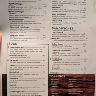 Menu: burgers, subs, salads, and sandwiches. (October, 2024)