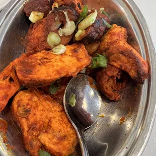 Tandoori Mix Grill: only one piece of shrimp...hidden in the bottom of the dish.