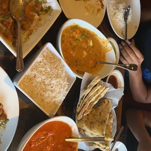 Mattar Paneer, Aloo Tikki, Vegetable Samosas, Garlic Naan, "Butter" Chicken Makhani, Mango Lassi