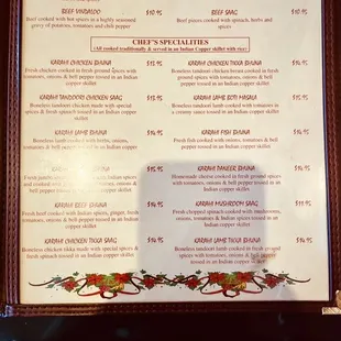 the menu of the restaurant