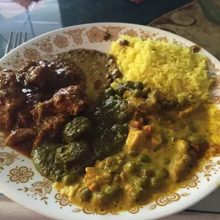 From the lunch buffet: rice, sag paneer, paneer korma, daal, curry chicken