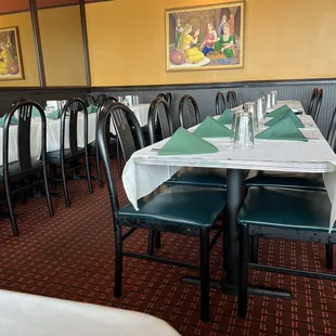 a dining room with tables and chairs