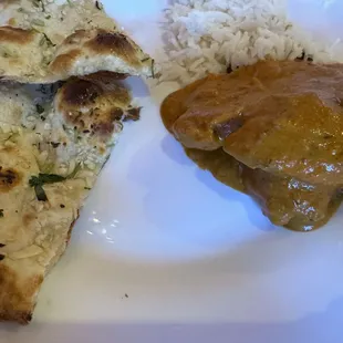 Butter Chicken, Garlic Naan, and Cardamom Rice.