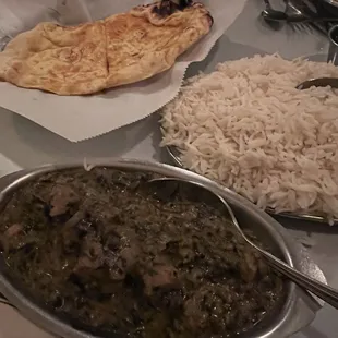 Garlic naan, lamb saag, jasmine rice.