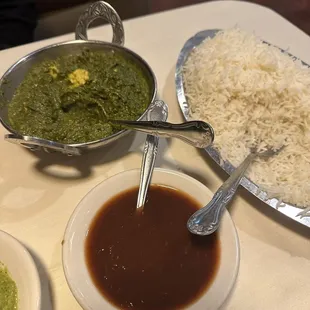 Palak Paneer, basmati rice and the sweet sauce I never taste cause I like my sauces spicy