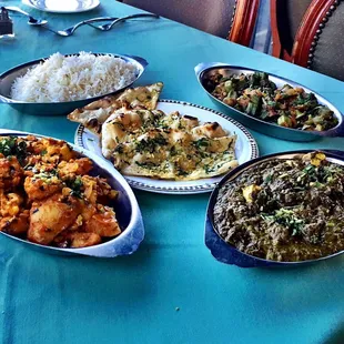 Saag Paneer, Aloo Gobhi, and Bhindi Masala