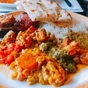 Assortment of curry and meat with naan and basmati rice