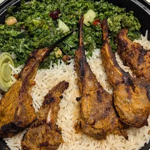 Grilled Lamb Chops. marinated chops with side of kale salad, plain basmati rice, chutney