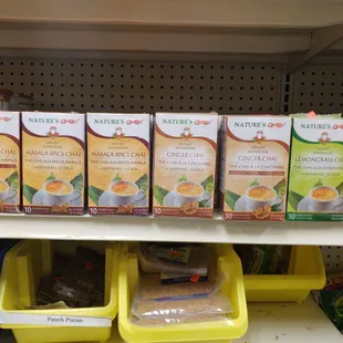 a shelf of food items