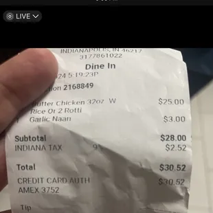 Receipt from in store