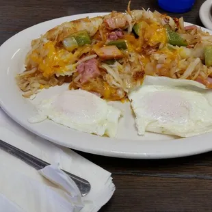 Hobo breakfast.  $6.50 Bargain,  look at the size of the fork.