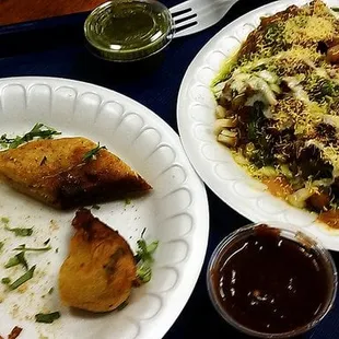 two plates of food on a tray