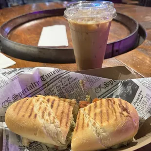 Artichoke sandwich and iced latte