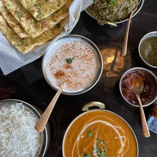 Garlic Naan, Raita, Paneer Tikka Masala, Saag Channa, Basmati rice