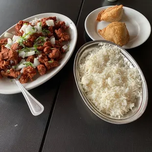 Chicken 65 Vegetable samosas Rice