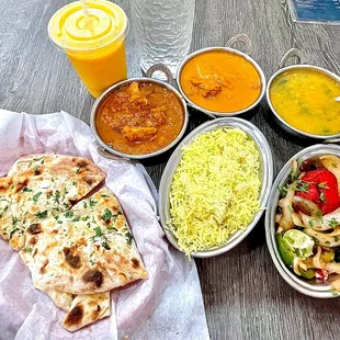 Non-Veg Thali Tor for 1 Person, Garlic Naan, Lentil Soup, Mango Lasse