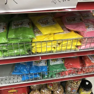 Bags of powdered color for the Holi Festival. $1.49.