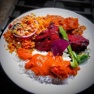 Tandoori chicken, butter chicken, veg biryani, aloo ki lanji