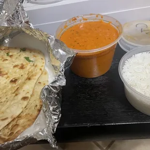 Chicken Tikka Masala, Plain Rice and Garlic Naan