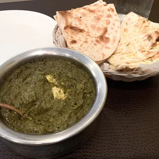 Paneer saag with butter and garlic naan
