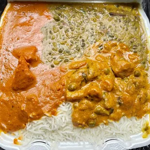 Two item special with chicken tikka masala and black lentils and a taste of some mixed veggies.