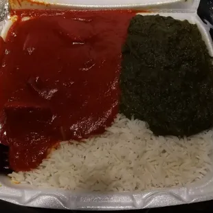 Tiki Masala, Saag, and rice