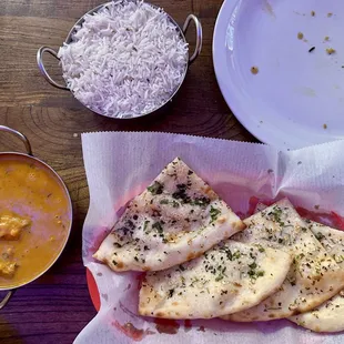 Butter Chicken, rice, and Garlic Naan