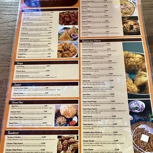 2024 menu of appetizers, tandoori, chicken, and vegetarian entrees