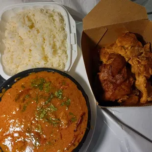 Left side: $10 of food from Curry Carnival.  Right side: $10 of food from Whole Foods
