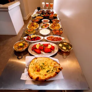 a long table full of food
