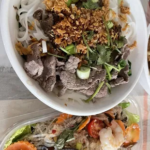 Boat noodle soup (soup in separate container) and yum woonsen